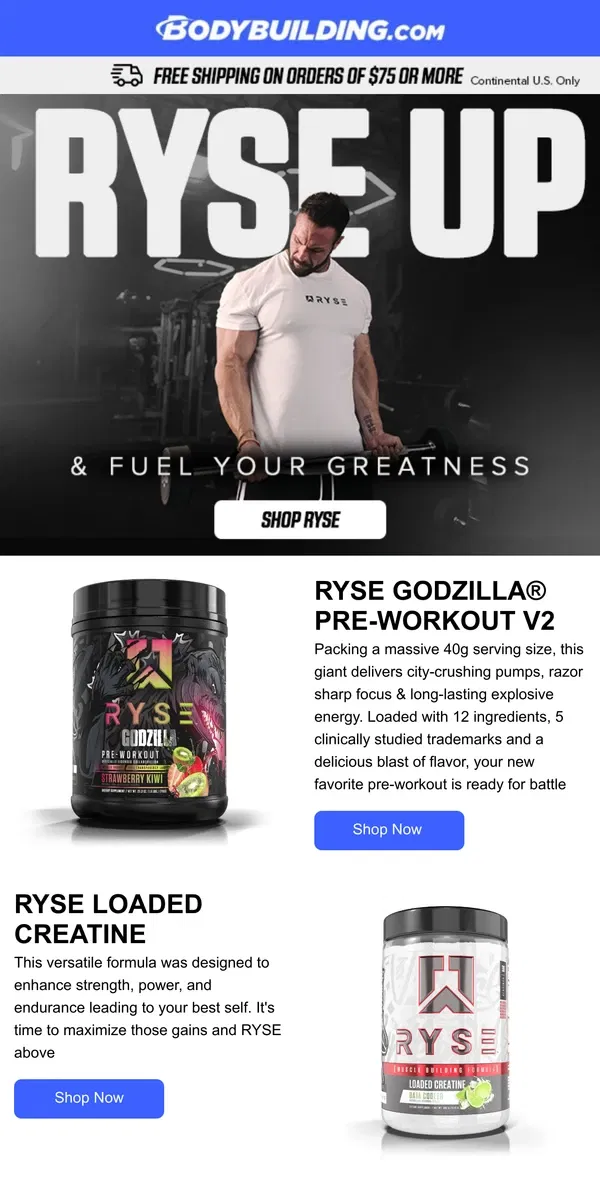 Email from Bodybuilding.com. Get to Know RYSE! Supplements Designed to Elevate Your Game