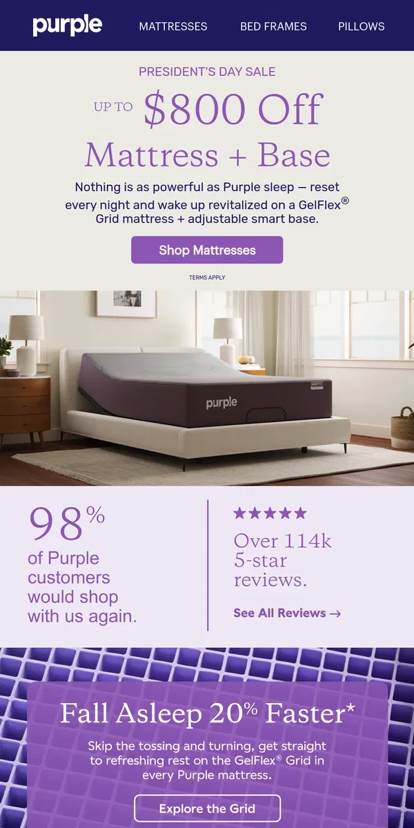 Email from Purple. Just In: Up to $800 Off Mattress + Base