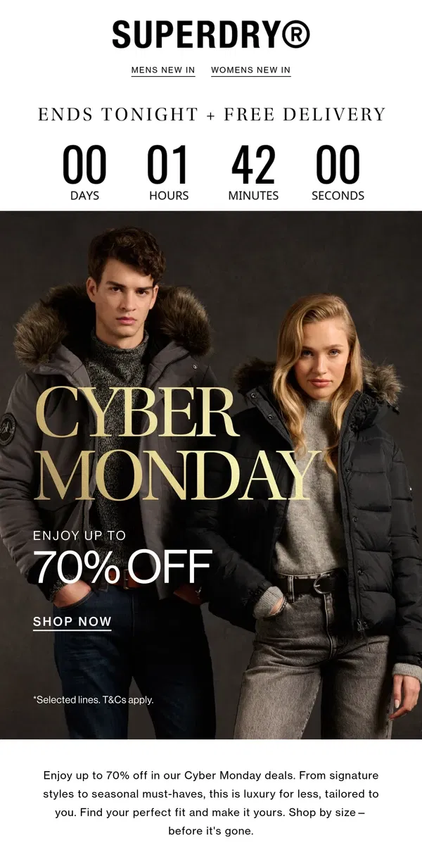 Email from Superdry. Last Few Hours: Cyber Monday Ends Tonight