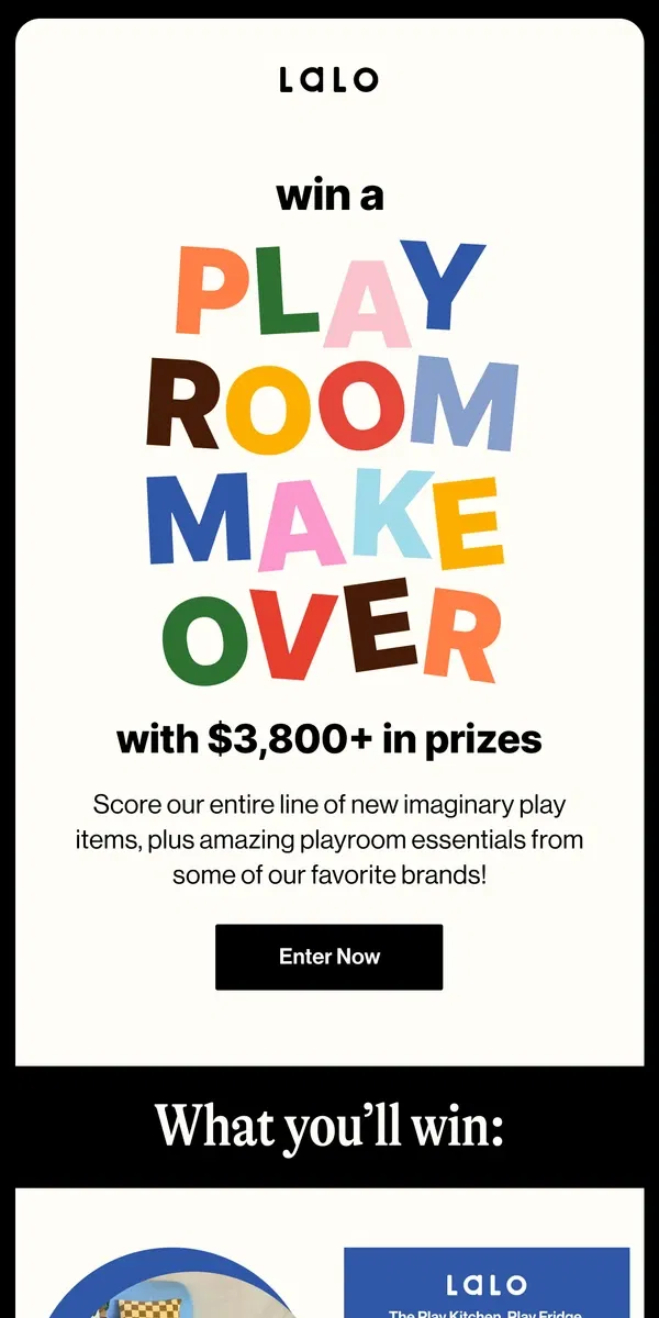 Email from Lalo. Win a playroom makeover! ✨