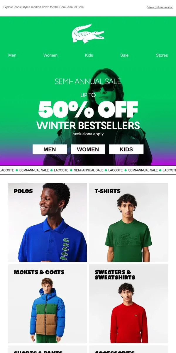 Email from Lacoste. Up to 50% off Winter Bestsellers