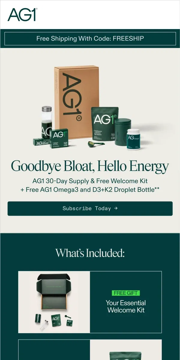 Email from AG1 by Athletic Greens. Your Welcome Kit Includes FREE Gifts