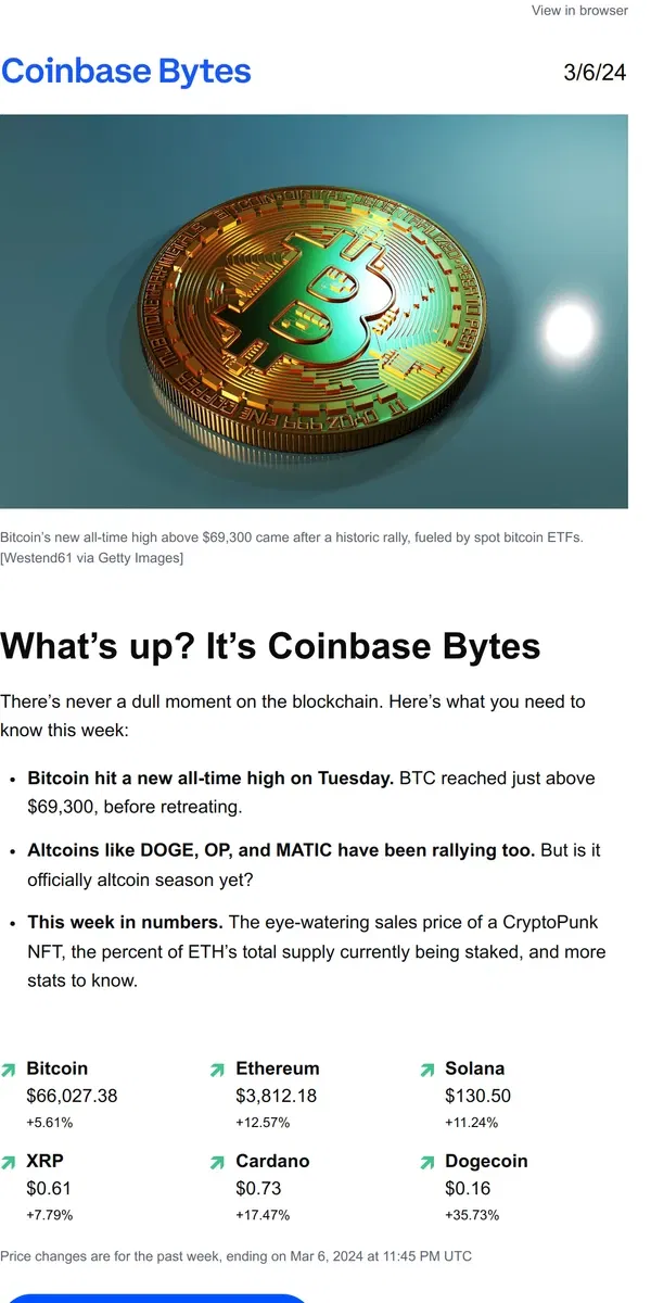 Email from Coinbase. Bitcoin’s new all-time high