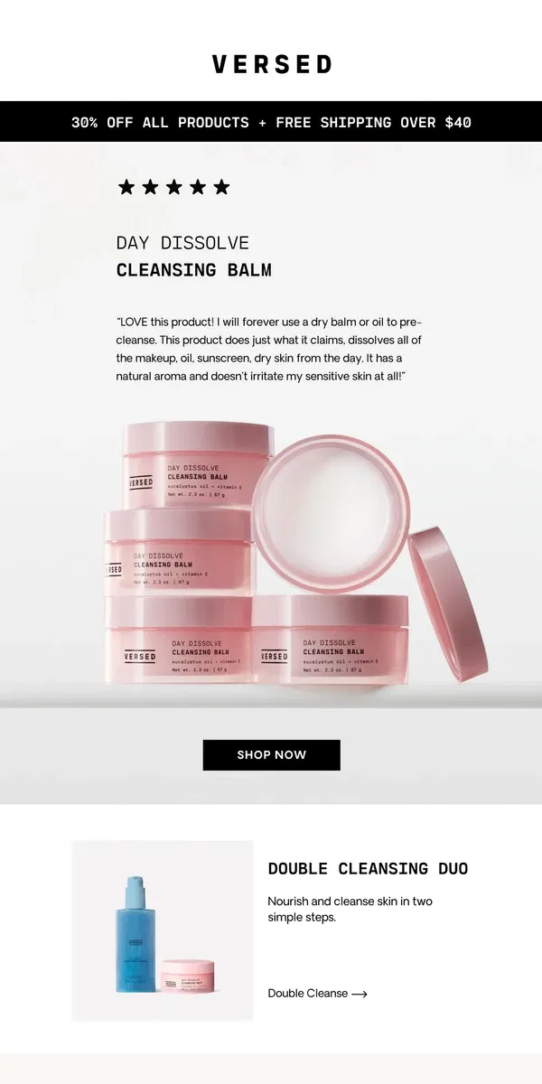 Email from Versed Skin. Your Favorite Cleanser, 30% Off