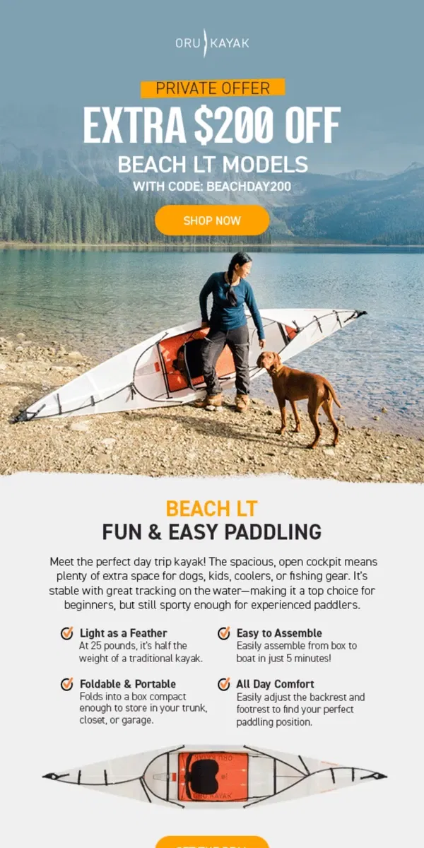 Email from Oru Kayak. $200 OFF | Dreaming of a Beach Day? 🌊