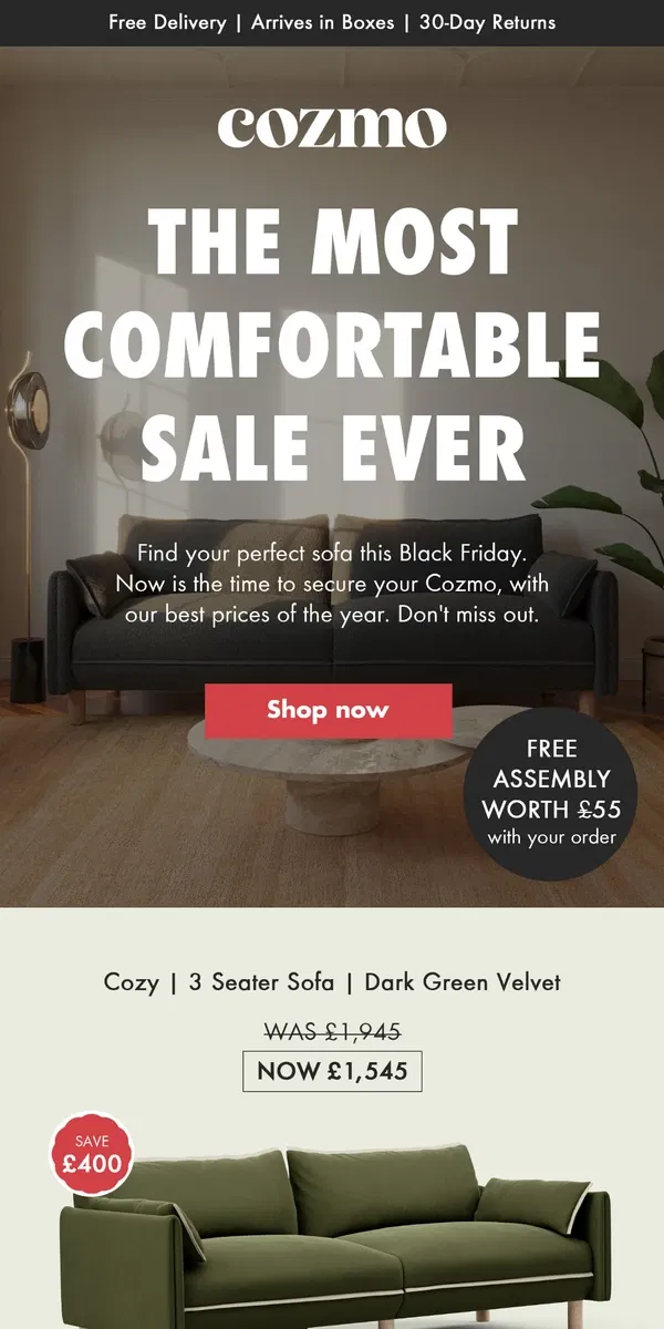 Email from Cozmo Home. Save up to £570 on your Cozmo sofa