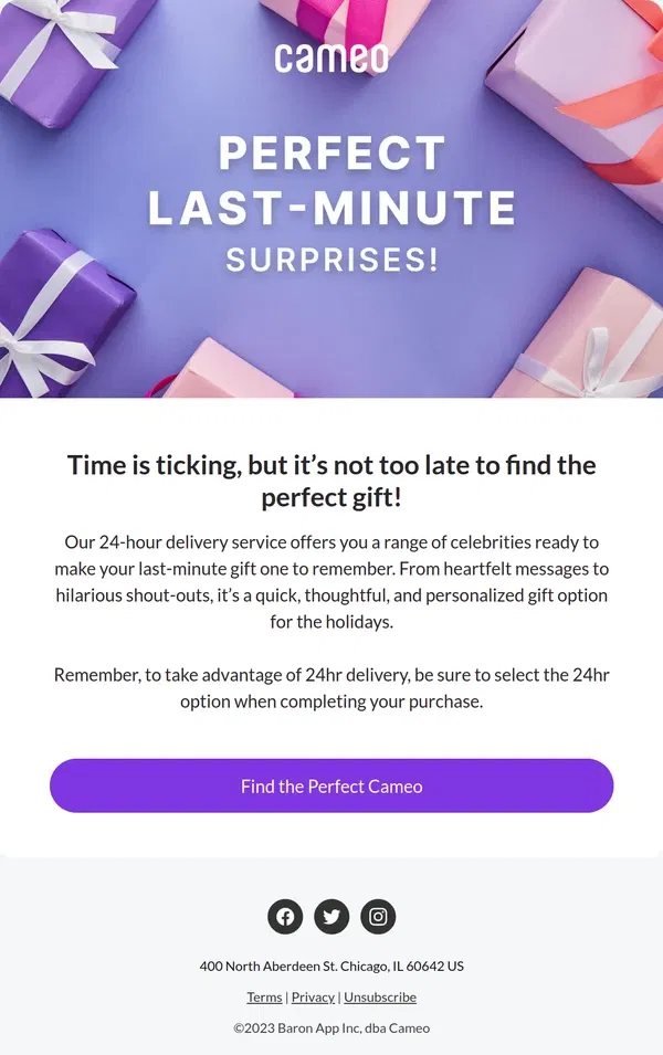 Email from Cameo. Cameo’s 24hr Delivery for Your Last-Minute Gifts ⏰