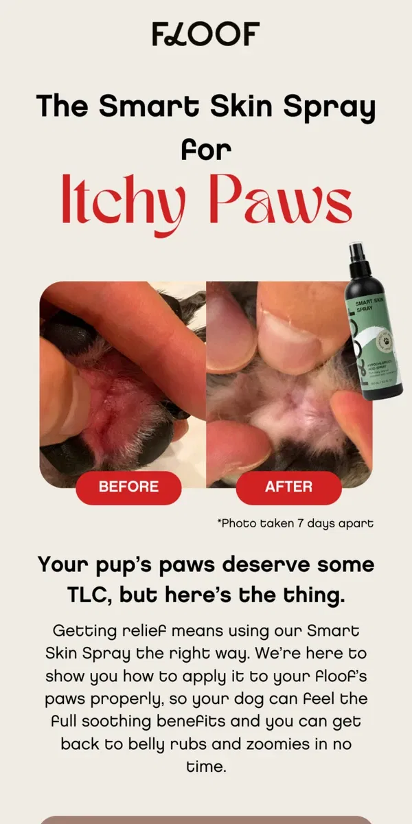 Email from Floof. Say Goodbye to Itchy Paws – The Secret's in the Spray