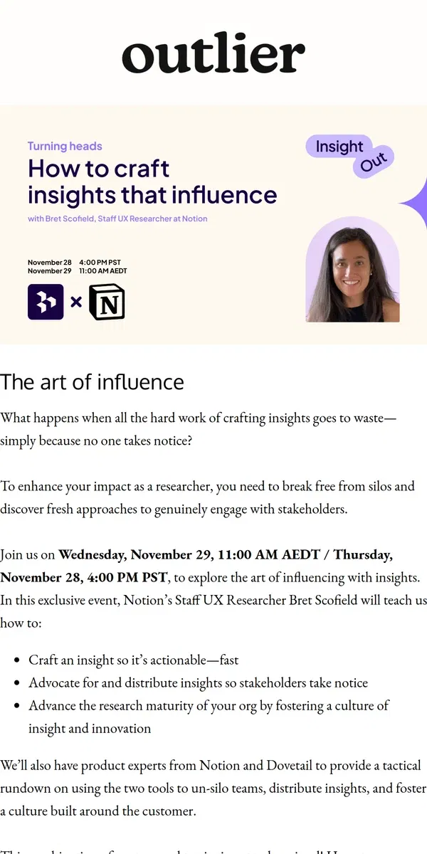 Email from Dovetail. Notion’s superstar researcher joins us for an exclusive event