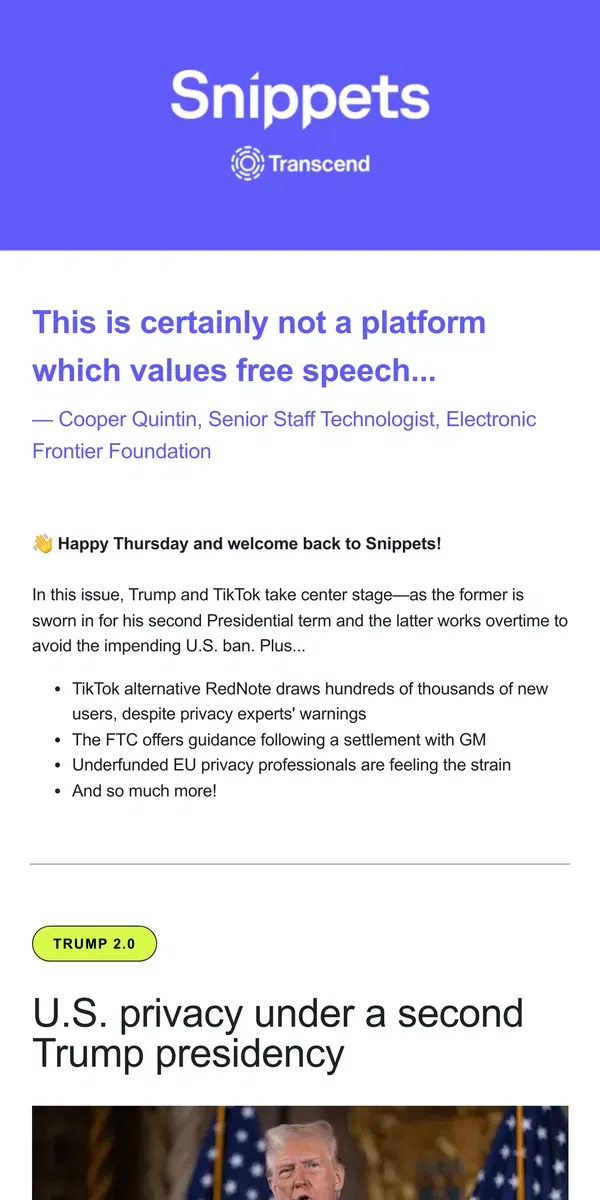 Email from Transcend. Snippets: Privacy under Trump 2.0