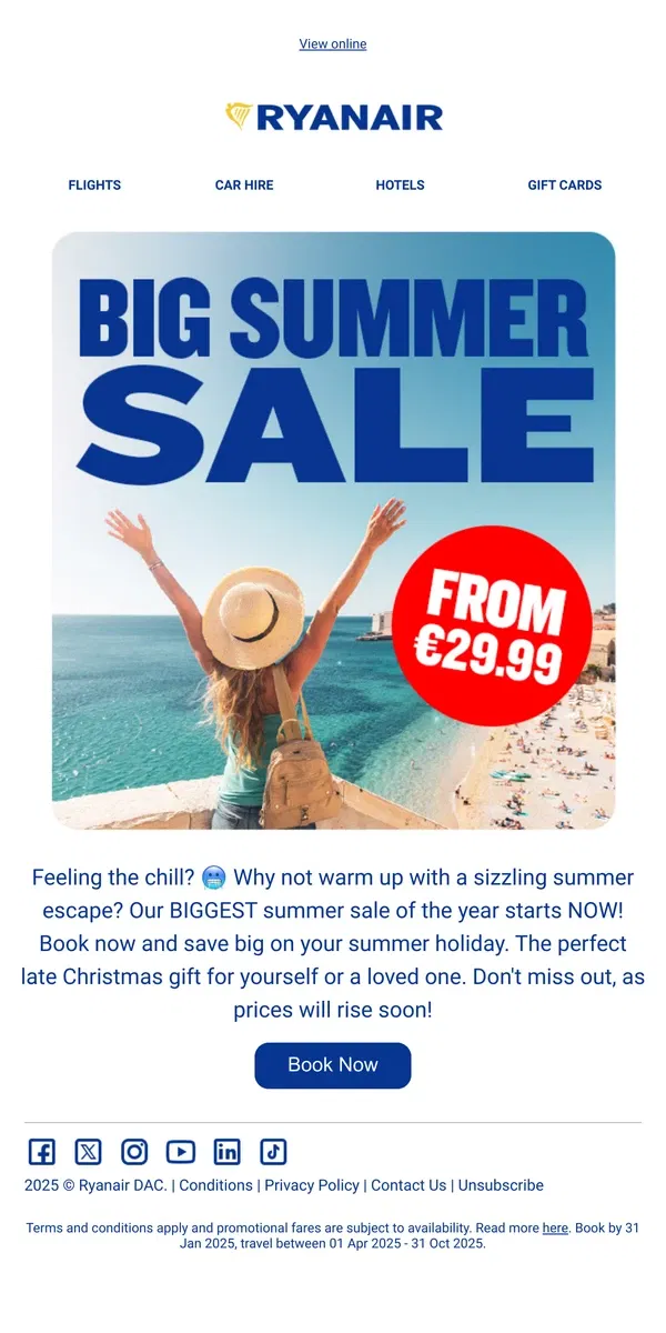 Email from Ryanair. Beat the Winter Blues with a Summer Escape! ❄️☀️