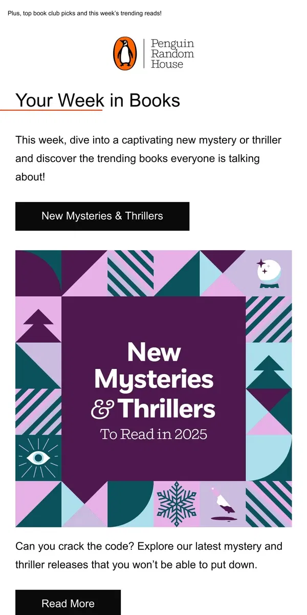 Email from Penguin Random House. Your Week in Books: 2025 Mysteries & Thrillers Are Here!