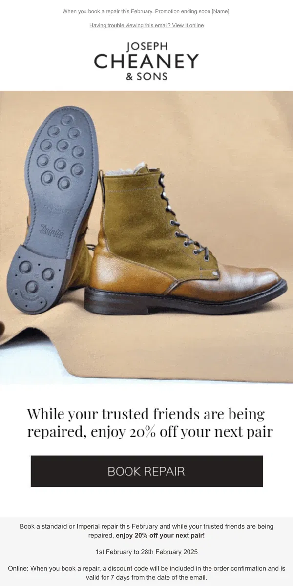 Email from Joseph Cheaney. Don't miss out on 20% off a new pair!