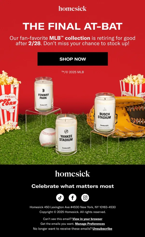 Email from Homesick Candles. Going..Going…Almost Gone ⚾