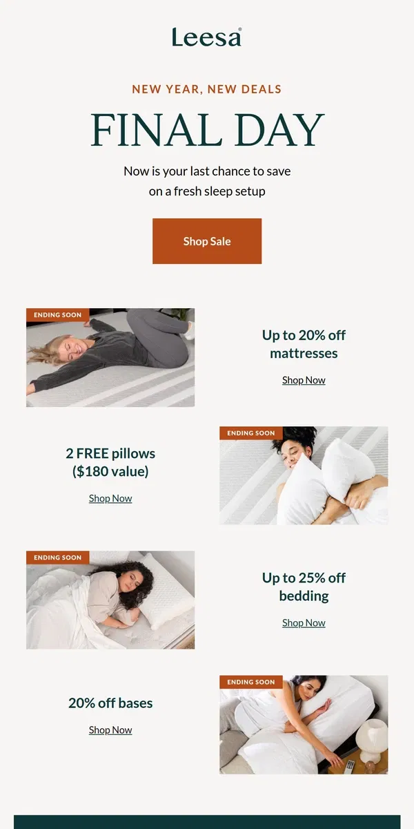 Email from Leesa. Final Days to save 20% on select mattresses