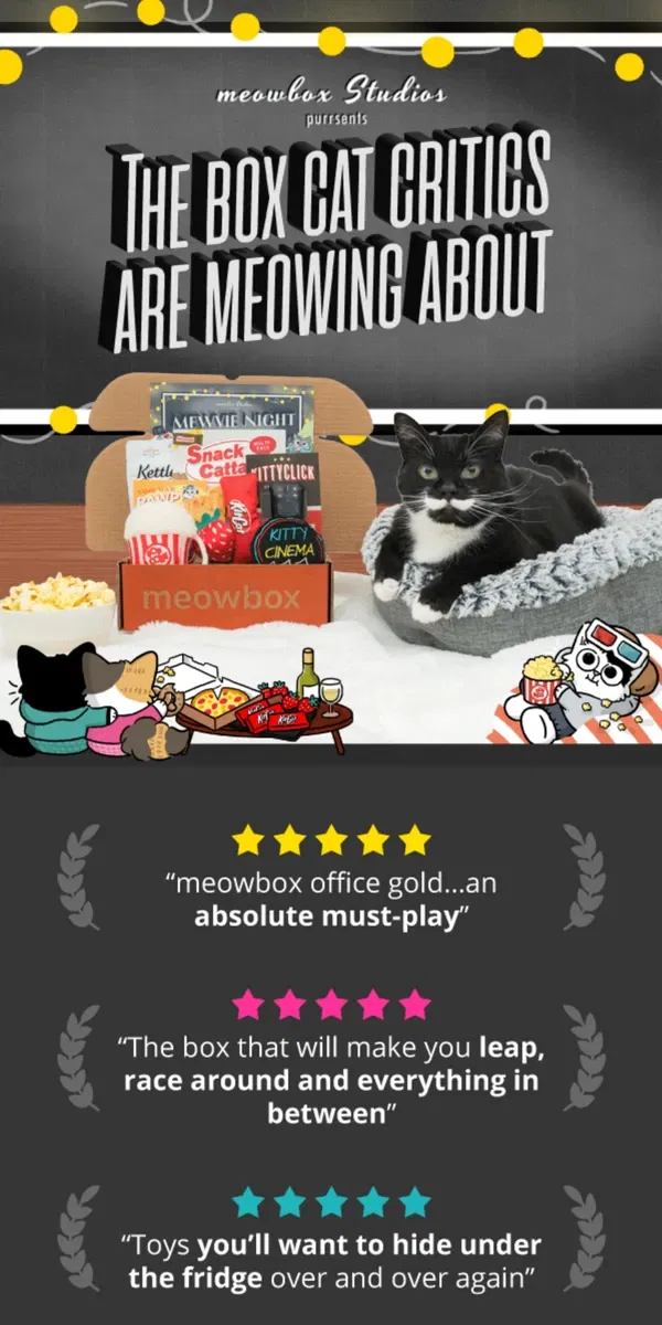 Email from meowbox. Coming soon to doorsteps everywhere: Mewvie Night 🍿🎞️