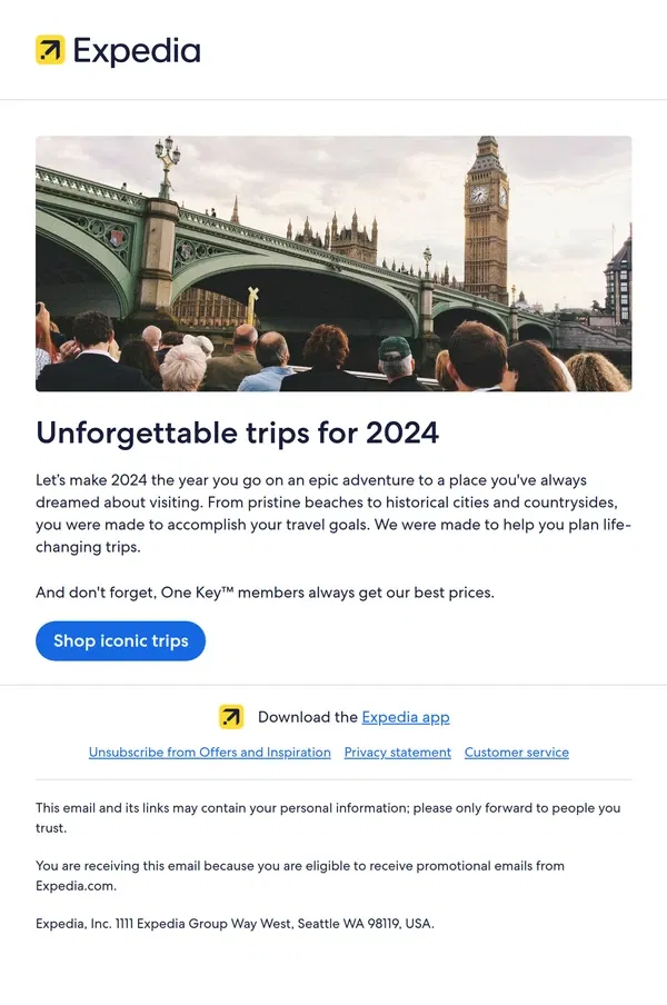 Email from Expedia. Iconic places to visit next year