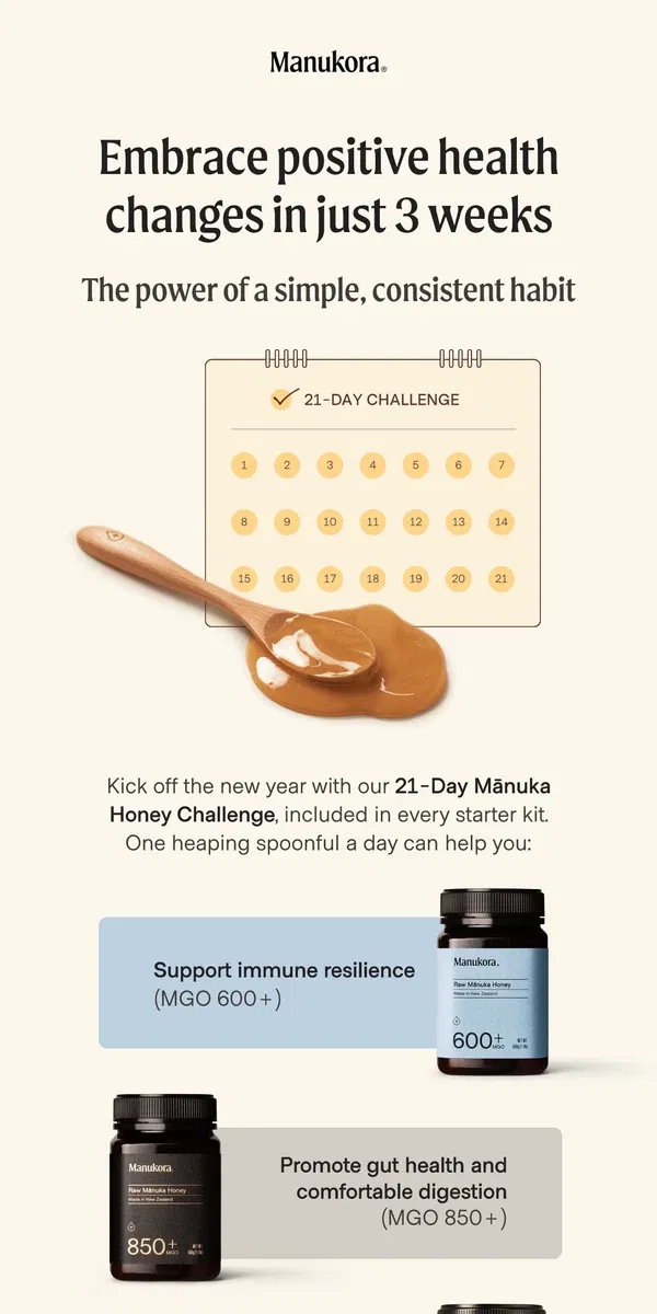 Email from Manukora. Improved immunity + gut health