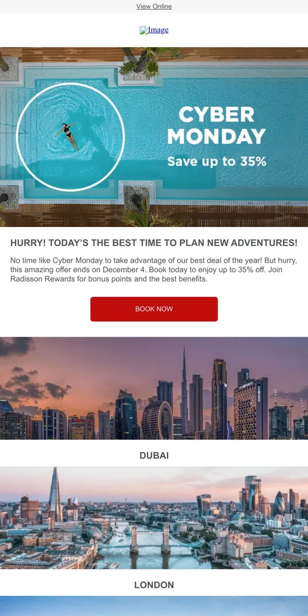 Email from Radisson Hotels. Cyber Monday: Up to 35% off ending soon