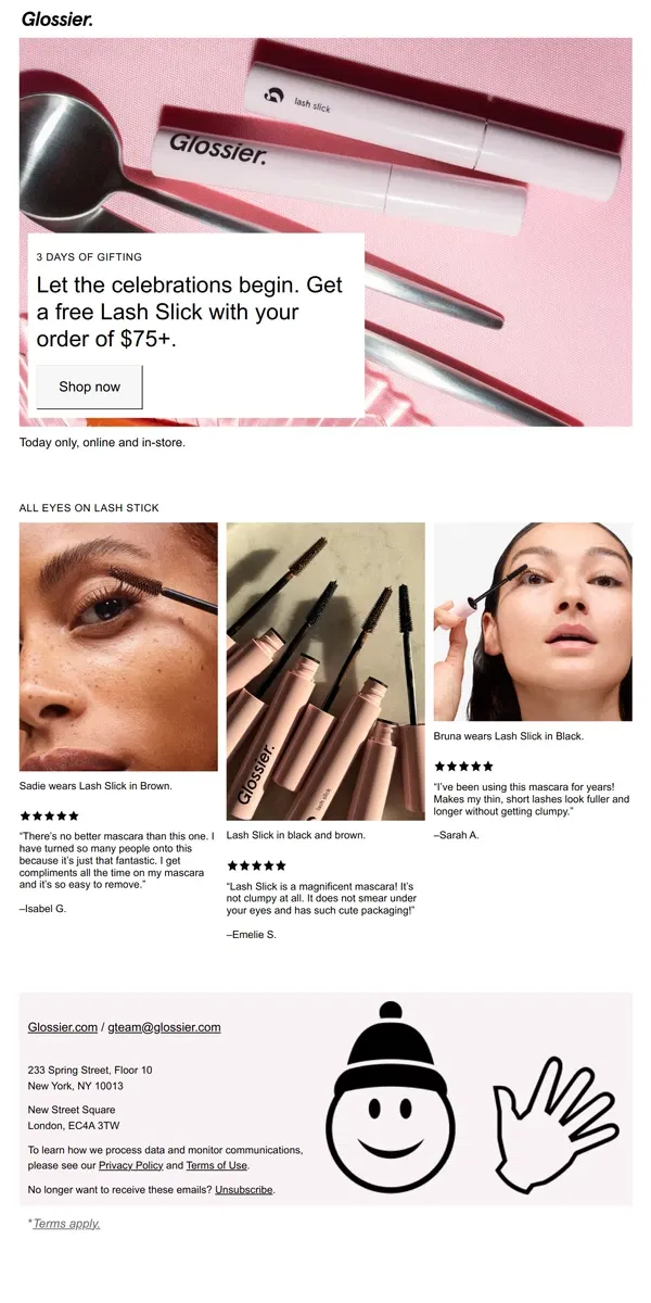 Email from Glossier. New! Free Lash Slick