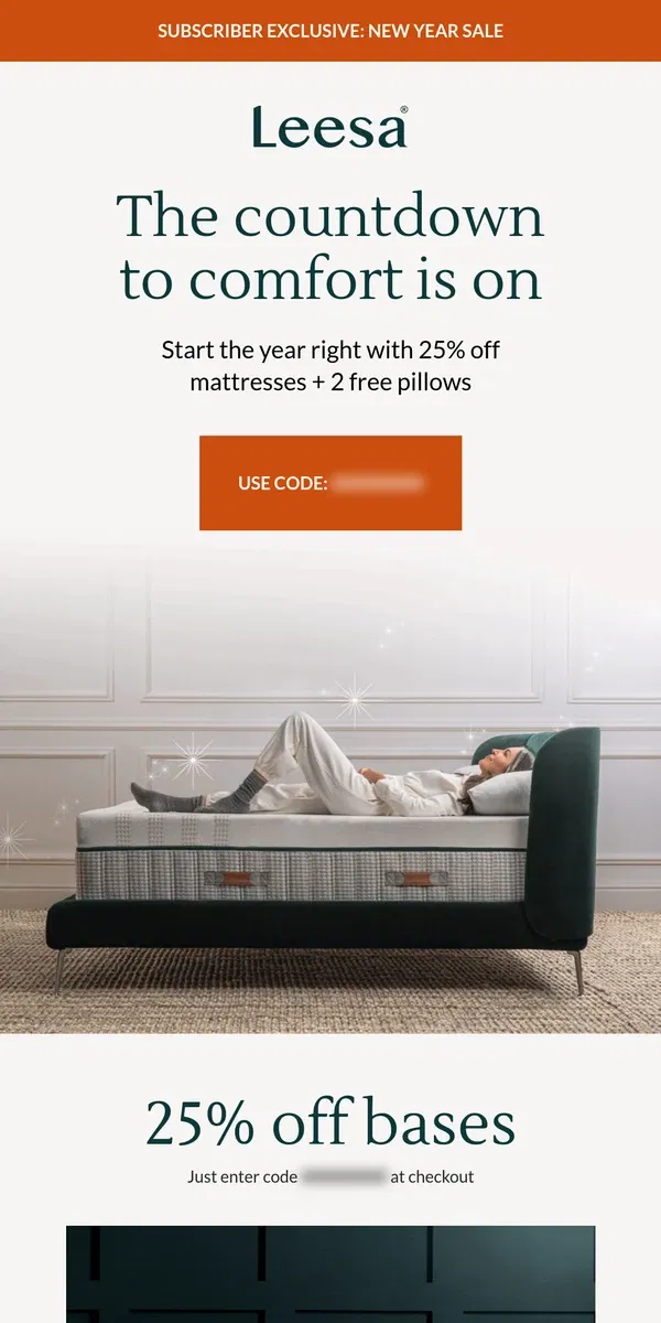 Email from Leesa. Subscribers only! Kickoff 2025 with 25% off mattresses, bedding, and bases