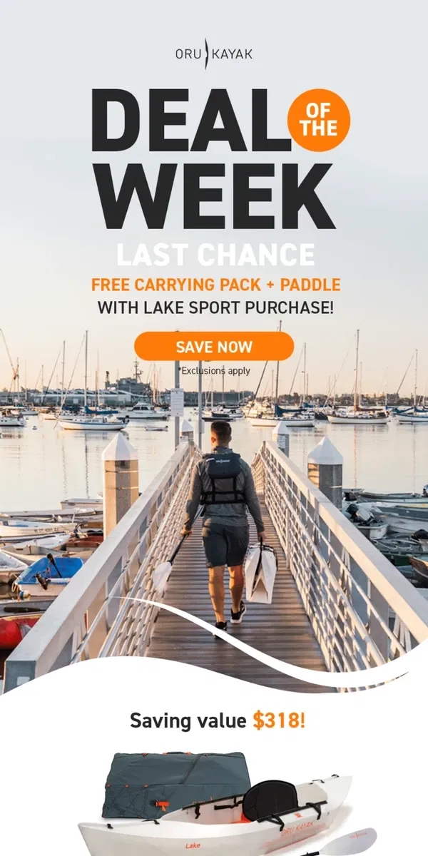 Email from Oru Kayak. Last Call: Free Paddle + Pack ($318 Value)