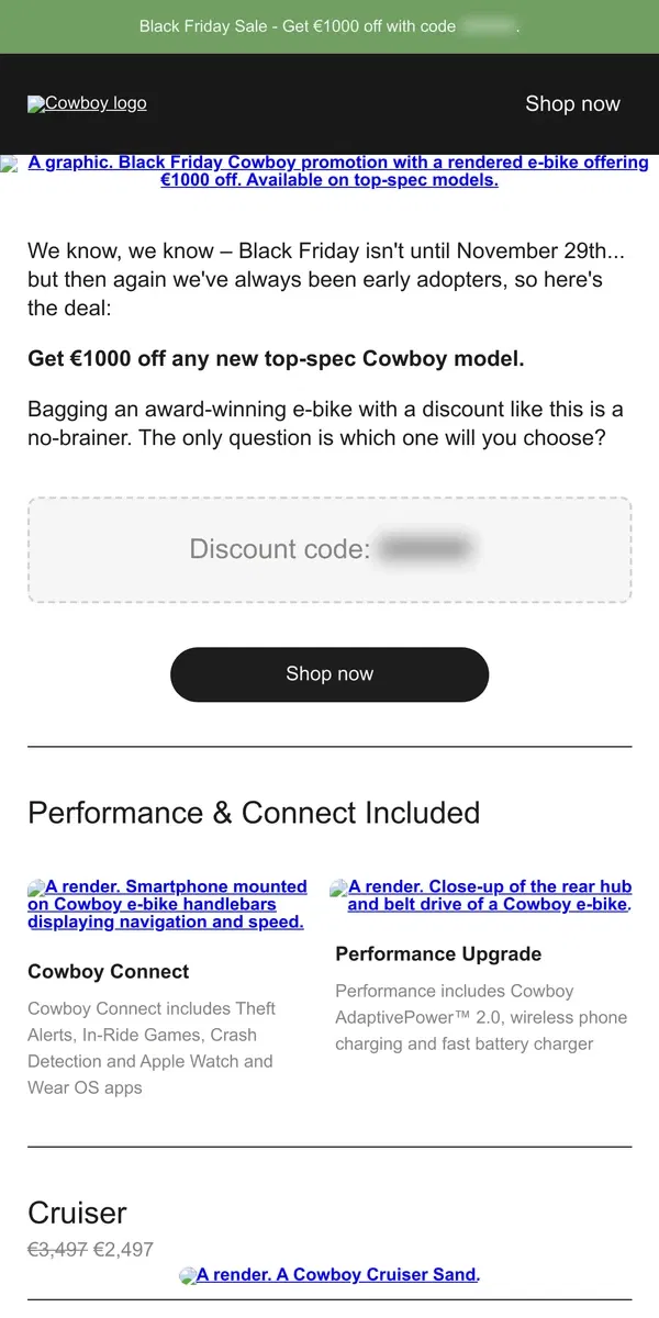 Email from Cowboy. €1000 off our best e-bikes