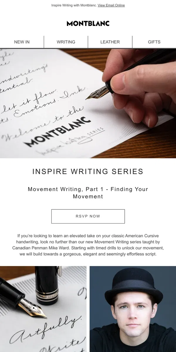 Email from Montblanc. Join our next Inspire Writing class, Finding Your Movement