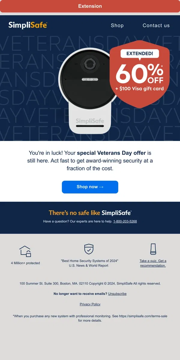 Email from SimpliSafe. Surprise - your Veterans Day deal is extended