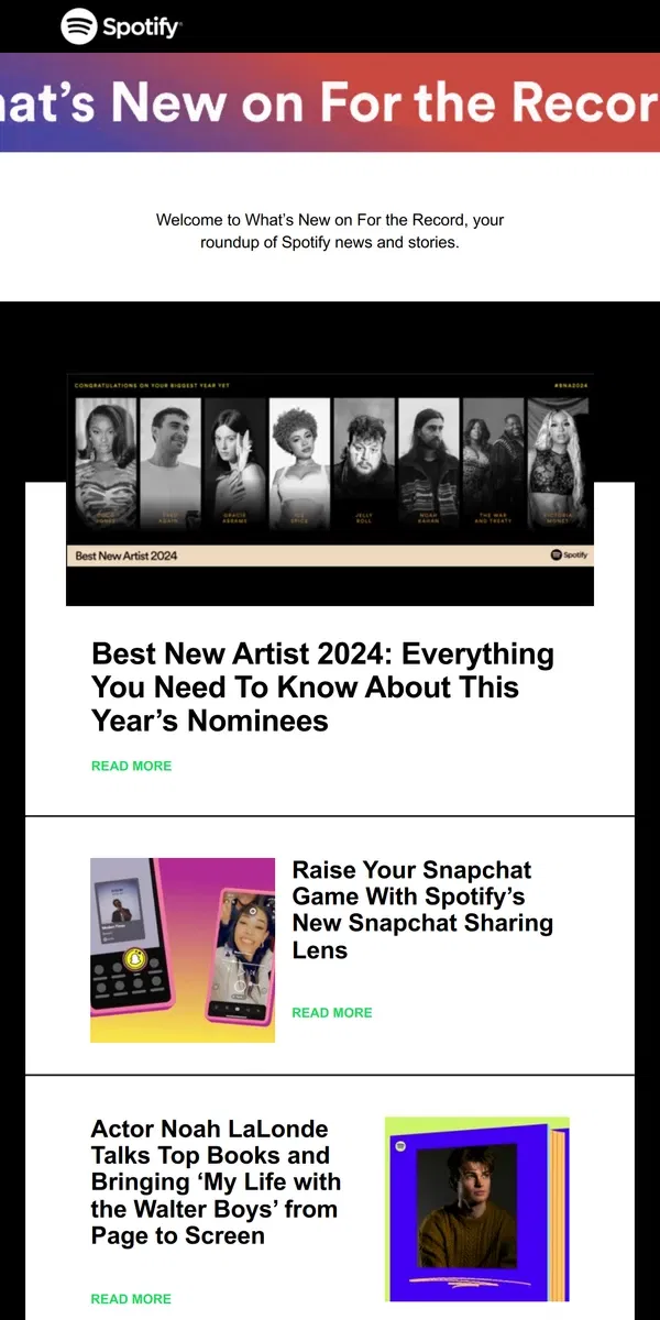 Email from Spotify. Best New Artist 2024: Meet the Nominees