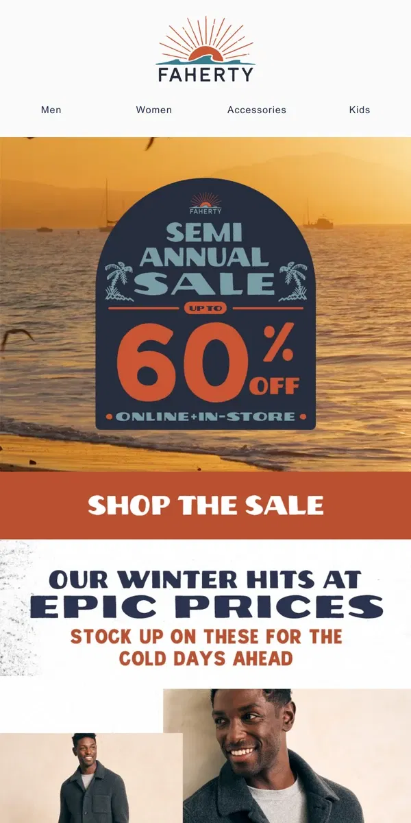 Email from Faherty. Up To 60% Off Our Outerwear Hits