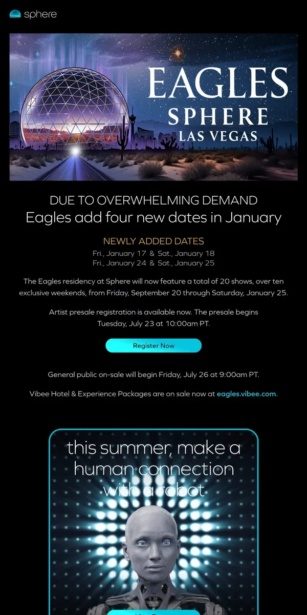 Email from Sphere. Eagles Add Four New Dates in January