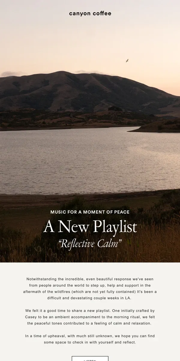 Email from Canyon Coffee. New Playlist: "Reflective Calm"