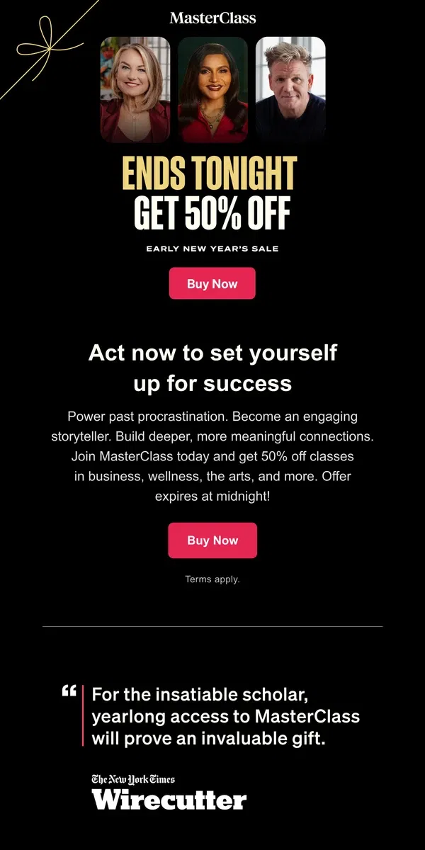 Email from Masterclass. Ends tonight: 50% off memberships