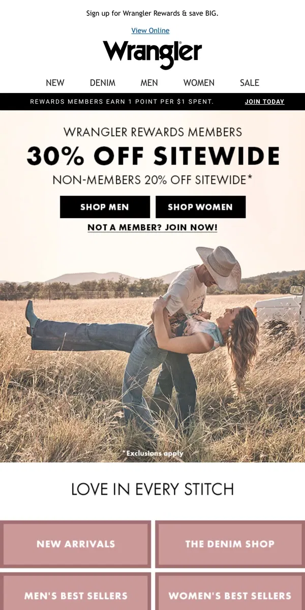 Email from Wrangler. Call us "Cupid" (up to 30% off inside!) 💌