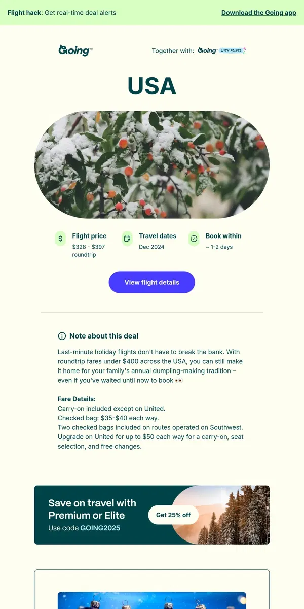 Email from Going. 🎅🎄 *Xmas, nonstop* USA —  $328 to $397 (Dec)