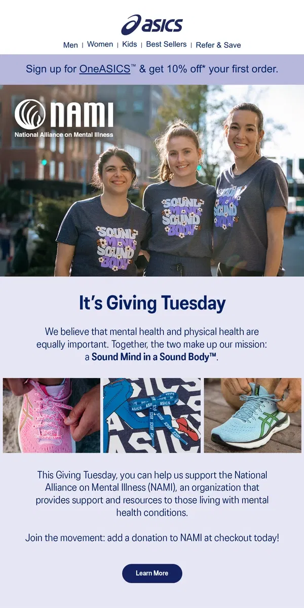 Email from ASICS. Celebrate Giving Tuesday 💙