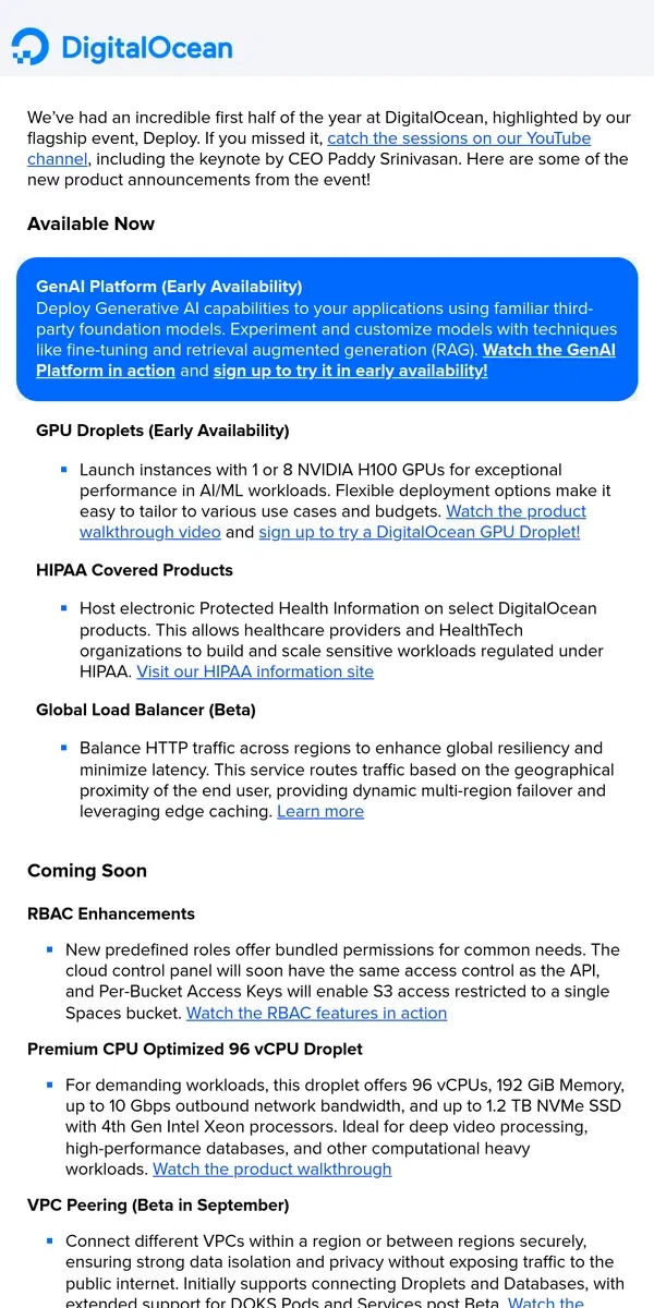 Email from DigitalOcean. DigitalOcean Release Notes - GPU Droplets, GenAI, RBAC, and more