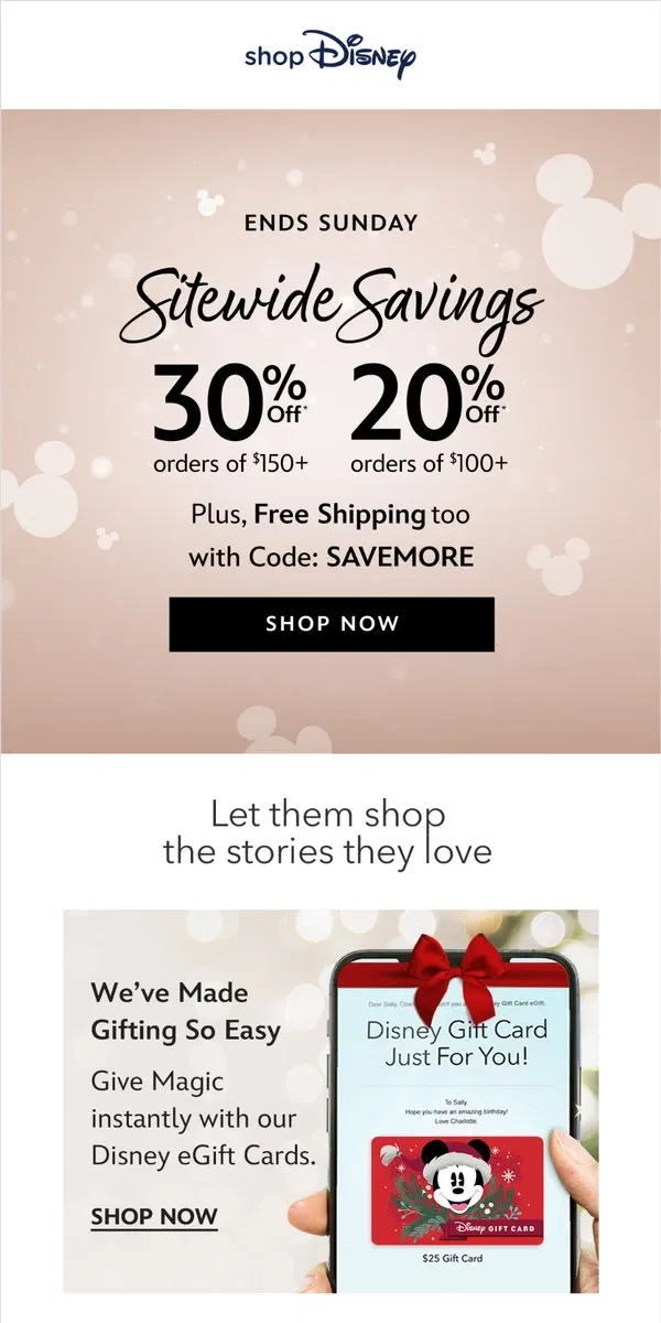 Email from shopDisney. Save Up to 30% sitewide