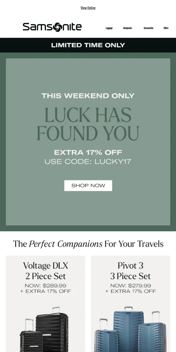 Email from Samsonite. 🍀Take an Extra 17% Off 