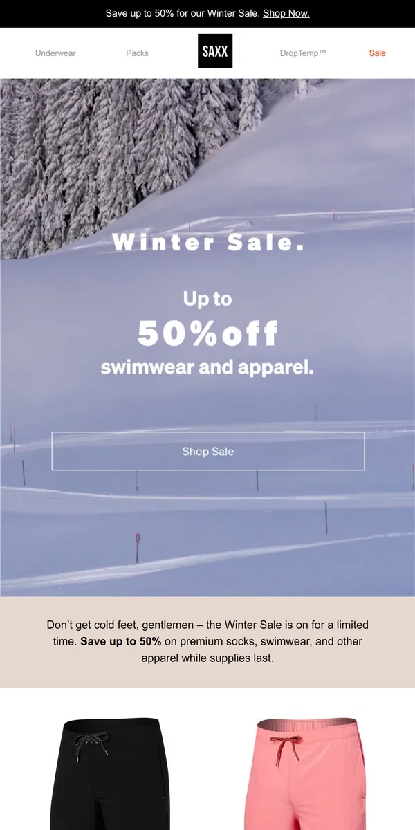 Email from SAXX Underwear. Enjoy up to 50% off apparel and swimwear