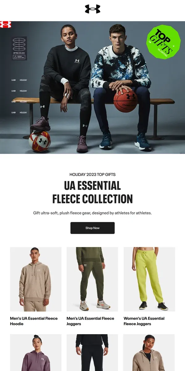 Email from Under Armour. Top gifts: UA Essential Fleece Collection