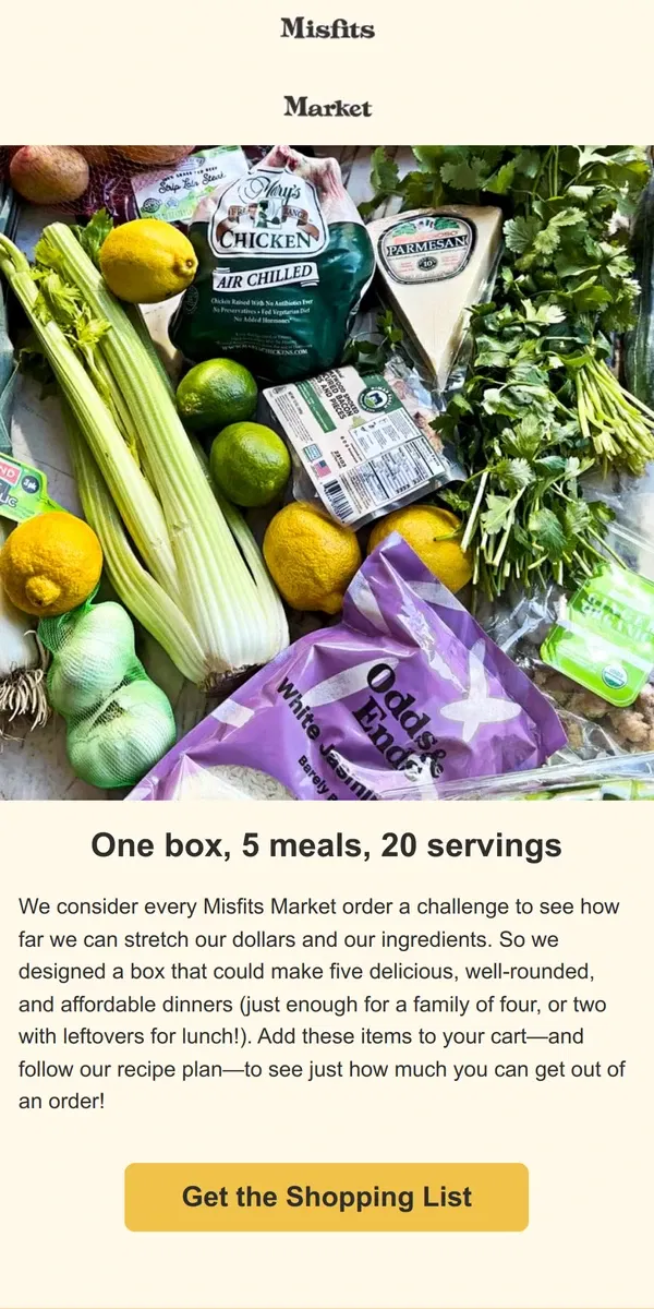 Email from Misfits Market. Turn One Box Into 5 Meals + What’s in Our Boxes This Week