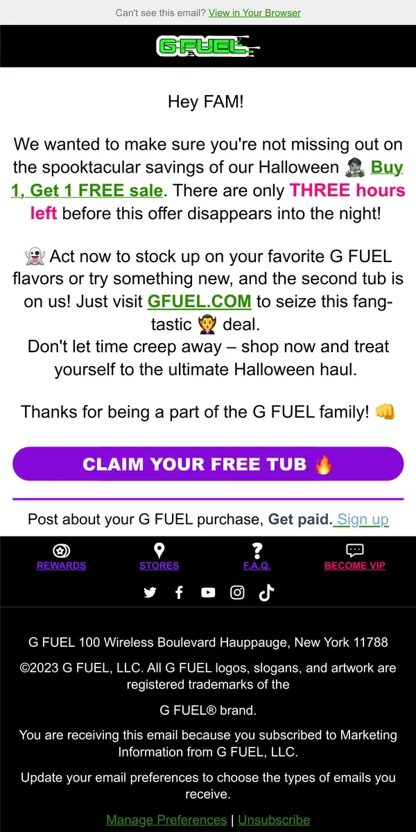 Email from G FUEL. Final 3 Hours: Halloween BOGO Sale Ends Today! 🎃