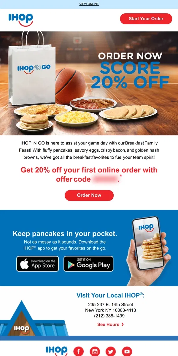 Email from IHOP. Victory’s Sweeter with 20% Off To-Go Orders 🏀🥞​