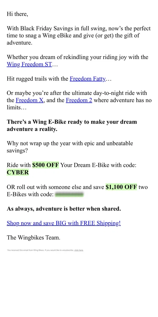 Email from Wing Bikes. Want up to $1,100 off a new bike?