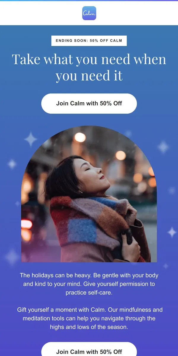 Email from Calm. ENDING SOON: 50% off Calm!