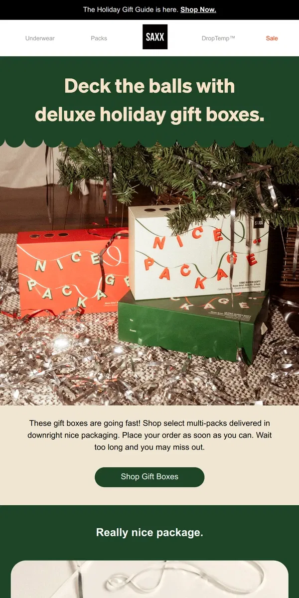 Email from SAXX Underwear. Holiday gift boxes are going fast!