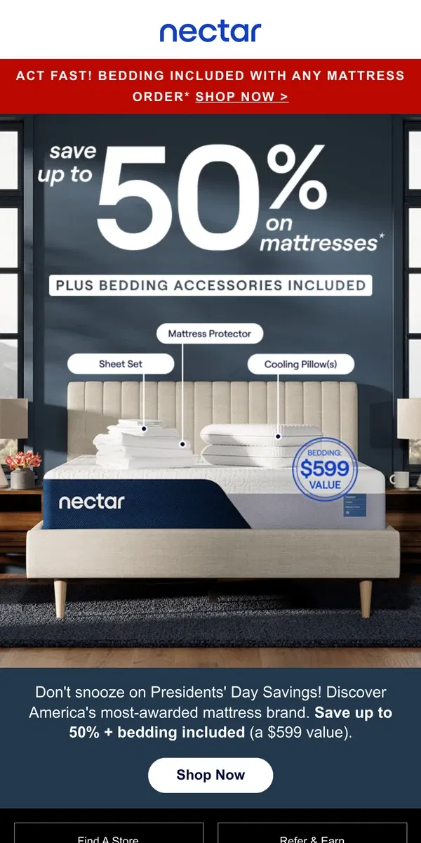 Email from Nectar. Don't let the lights turn off 💡! Save up to 50% + bonus bedding.