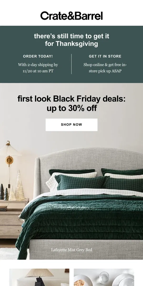 Email from Crate & Barrel. First Look Black Friday Deals | UP TO 30% OFF